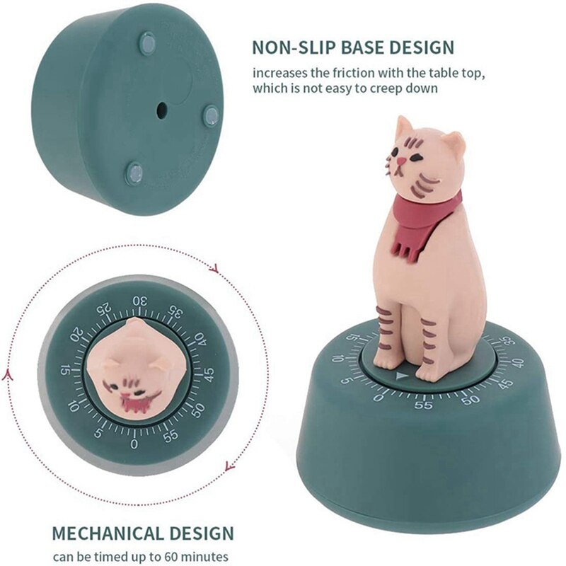 2Pcs Cat Kitchen Timer Cooking Countdown Mechanical Timer Alarm Reminder - Yellow+Gray & Green+Yellow