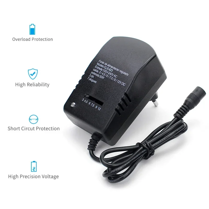 Einstellbares Schaltnetzteil, 12 V Volt-Transformator, AC 220 V auf DC 3 V, 4,5 V, 6 V, 7,5 V, 9 V, 12 V, Stromquelle mit DC-Buchse, 7 Stecker