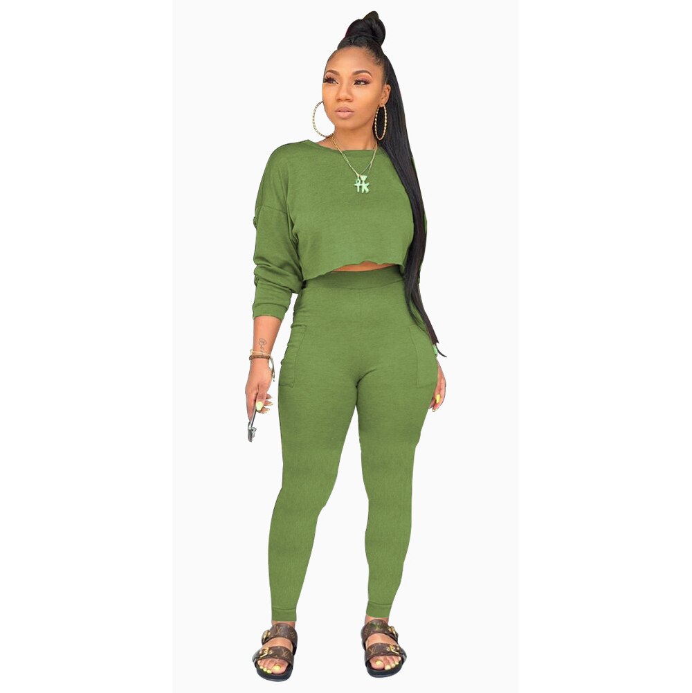 Echoine Autumn O-neck Two Pieces Set Long Sleeve Sweatshirt + Pant Suit With Pocket Tracksuit Women Solid 5 Color Plus Size 2XL: green / M