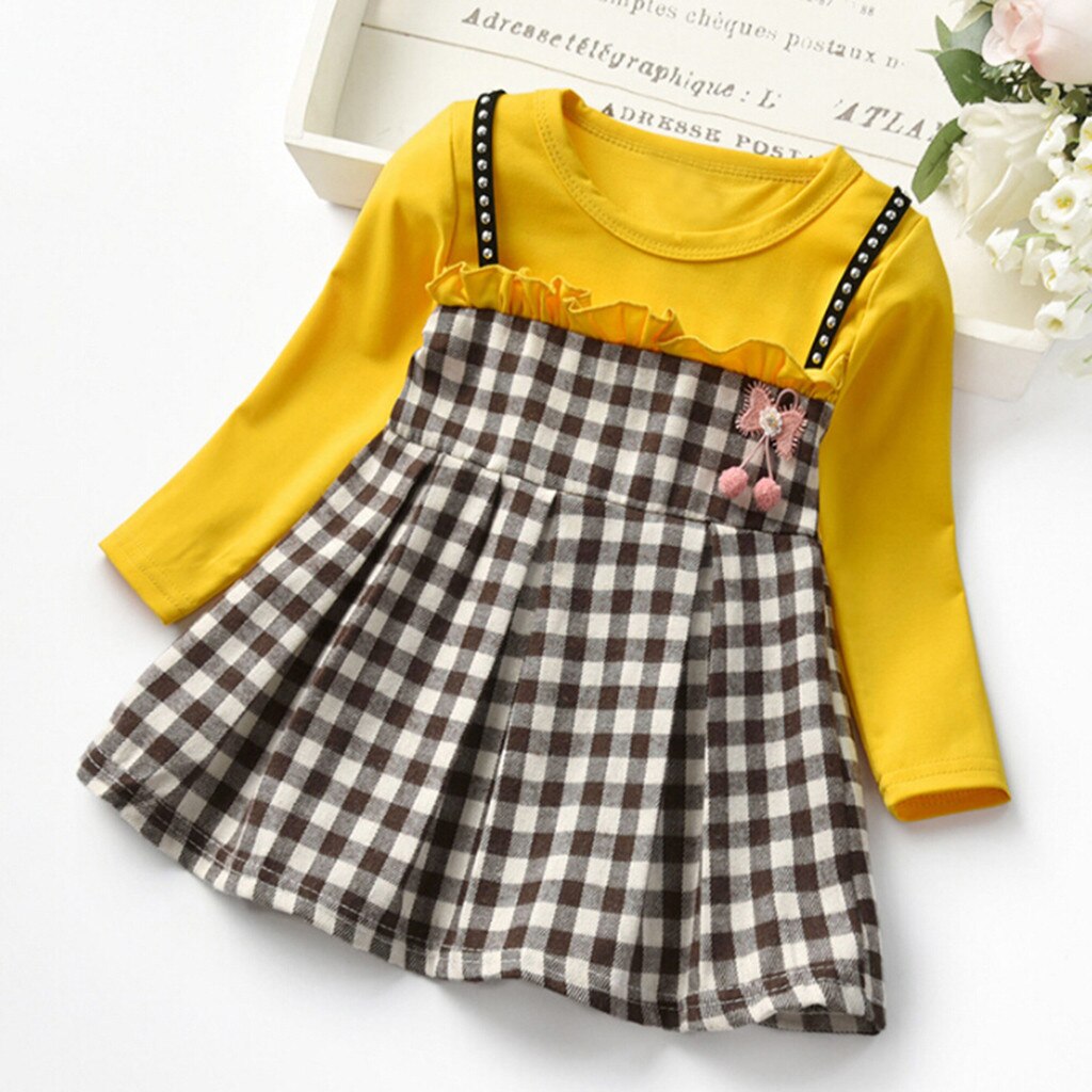 Baby Kids Girls Dress Long Sleeve Ruched Plaid Patchwork Strap Faux Twinset Princess Dress Clothes Toddler Kids Dresses For Girl