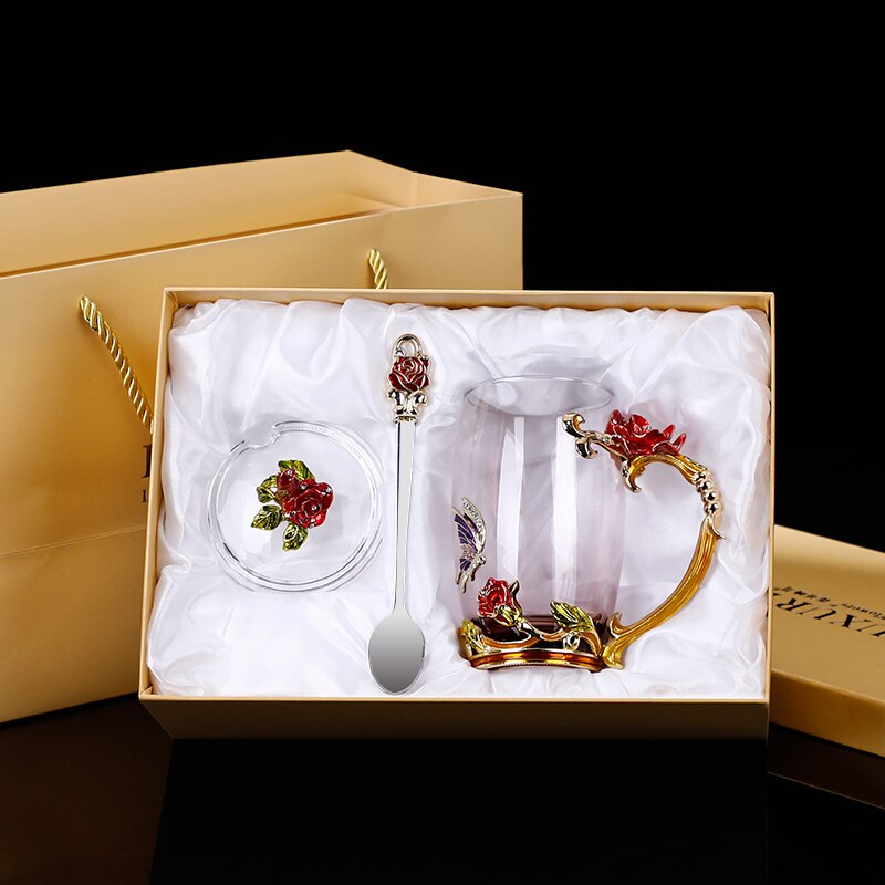 Glass Coffee Mug Tea Cup Enamel Crystal Flower High-grade Handgrip for Lover Wedding R2078: Red Set 2