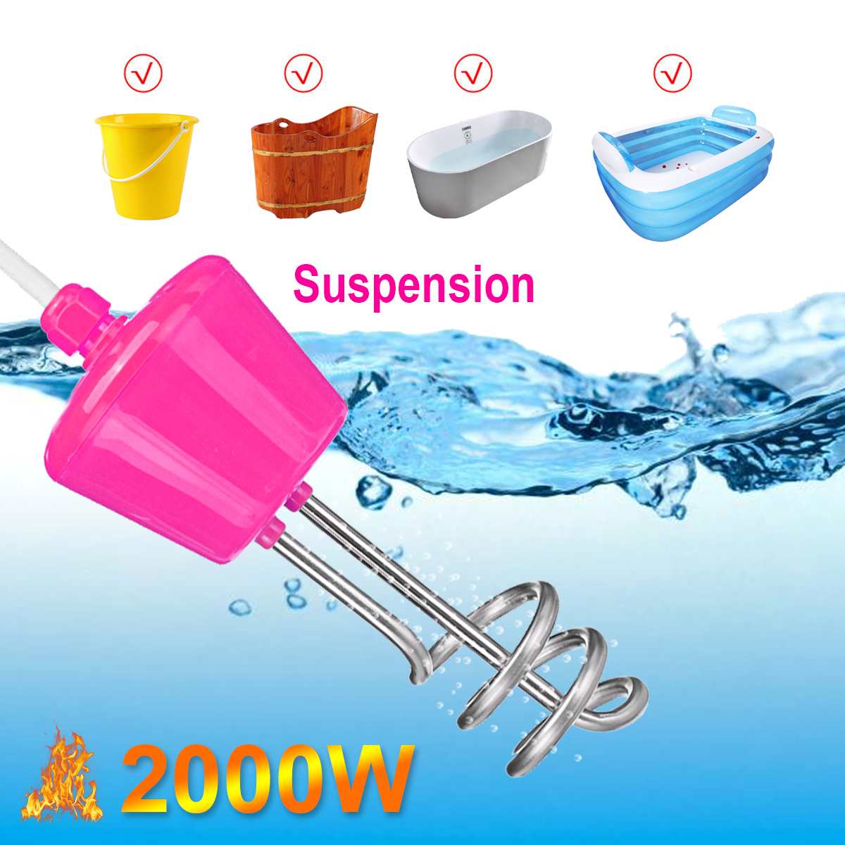 2000W Portable Suspension Stainless Steel Electric Floating Immersion Heater Boiler Water Heating Element For Camping Travel