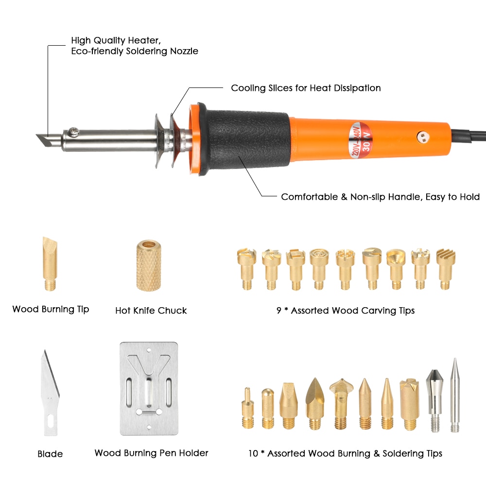 30W 24PCS Wood Pyrography Tool Set Wood Burning Kit Woodburning Tips Hobby Craft Soldering Iron Pen Tools 220-240V