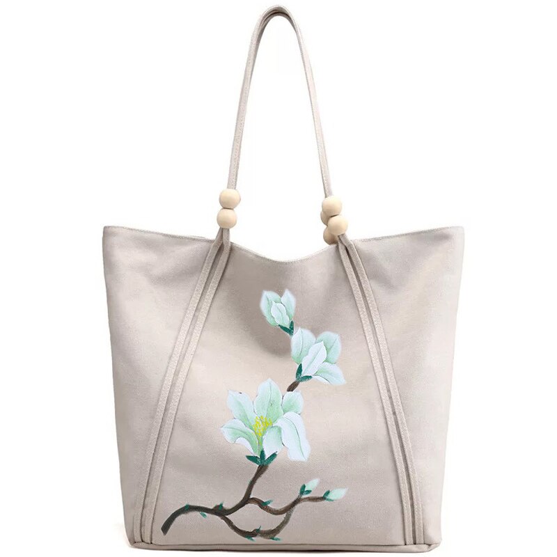 Handmålad väska national canvas axelväska retro dam träpärlor väska blommålning åkpåse bolso mujer: Vit