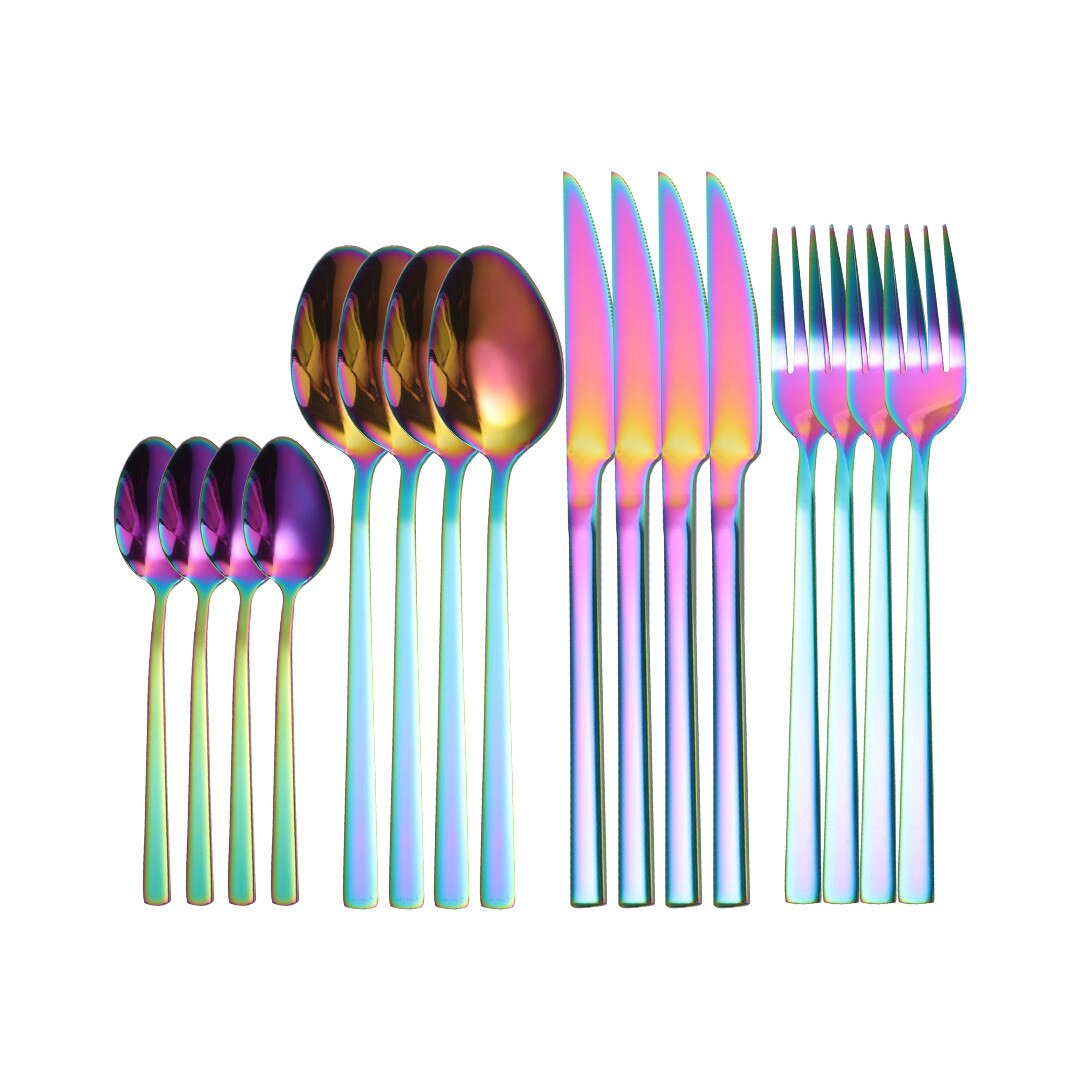 Cutlery Set Black Stainless Steel Tableware Set 16 Pieces Forks Knives Spoons Dinnerware Set Black Complete: rainbow 16 pcs