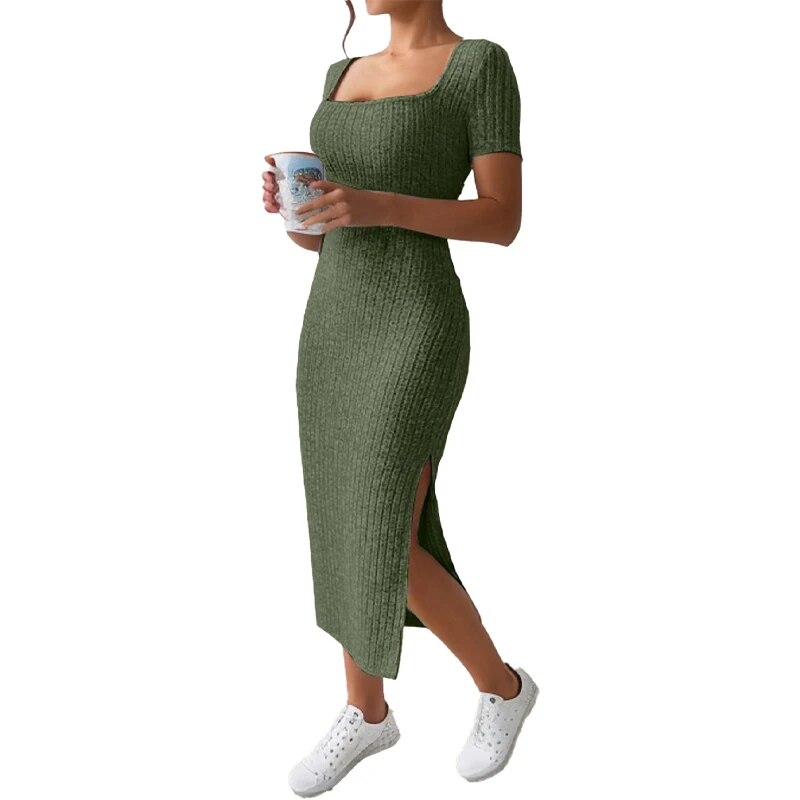 Robe d'été mi-longue à col carré, jupe moulante à la hanche, robe à manches courtes, fendue et polyvalente