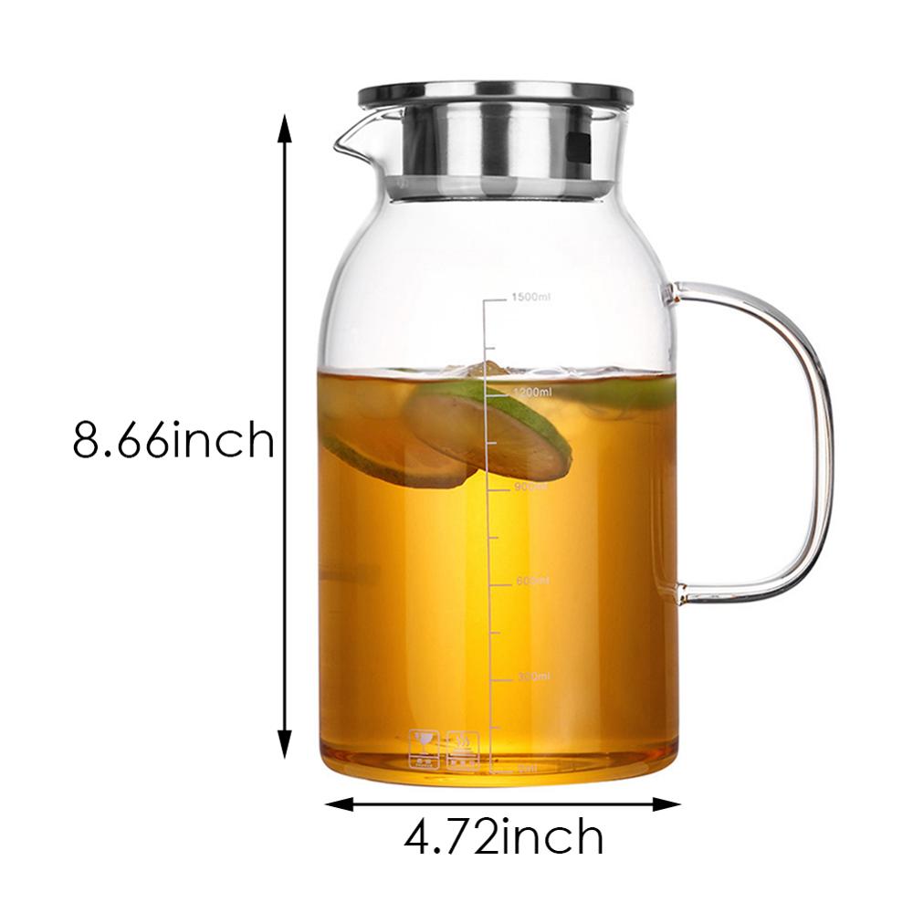 1800ml Glass Kettle Water Jug Heat Resistant Flower With Bamboo Lid Stainless Steel Filter Juice Container