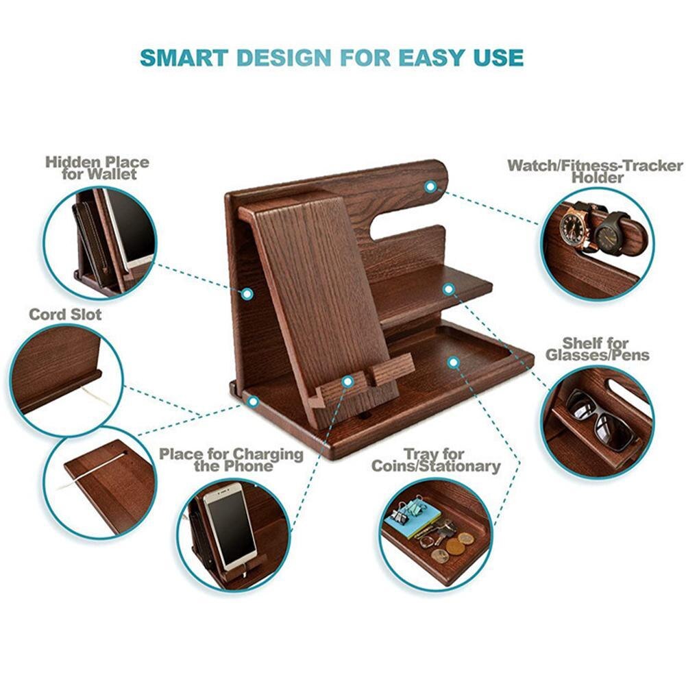 1pcs Wood Phone Docking Station Home Office Storage Supplies Multifunctional Desktop Mobile Phone Holder Easy To Assemble