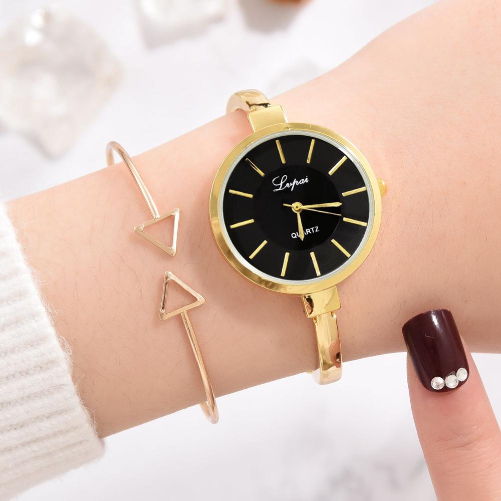 Lvpai Brand Watch Women Big Scale Bracelet Watches Set Thin Style Fine Strap Quartz Gold Wristwatch Relojes De Mujer: Gold  Black