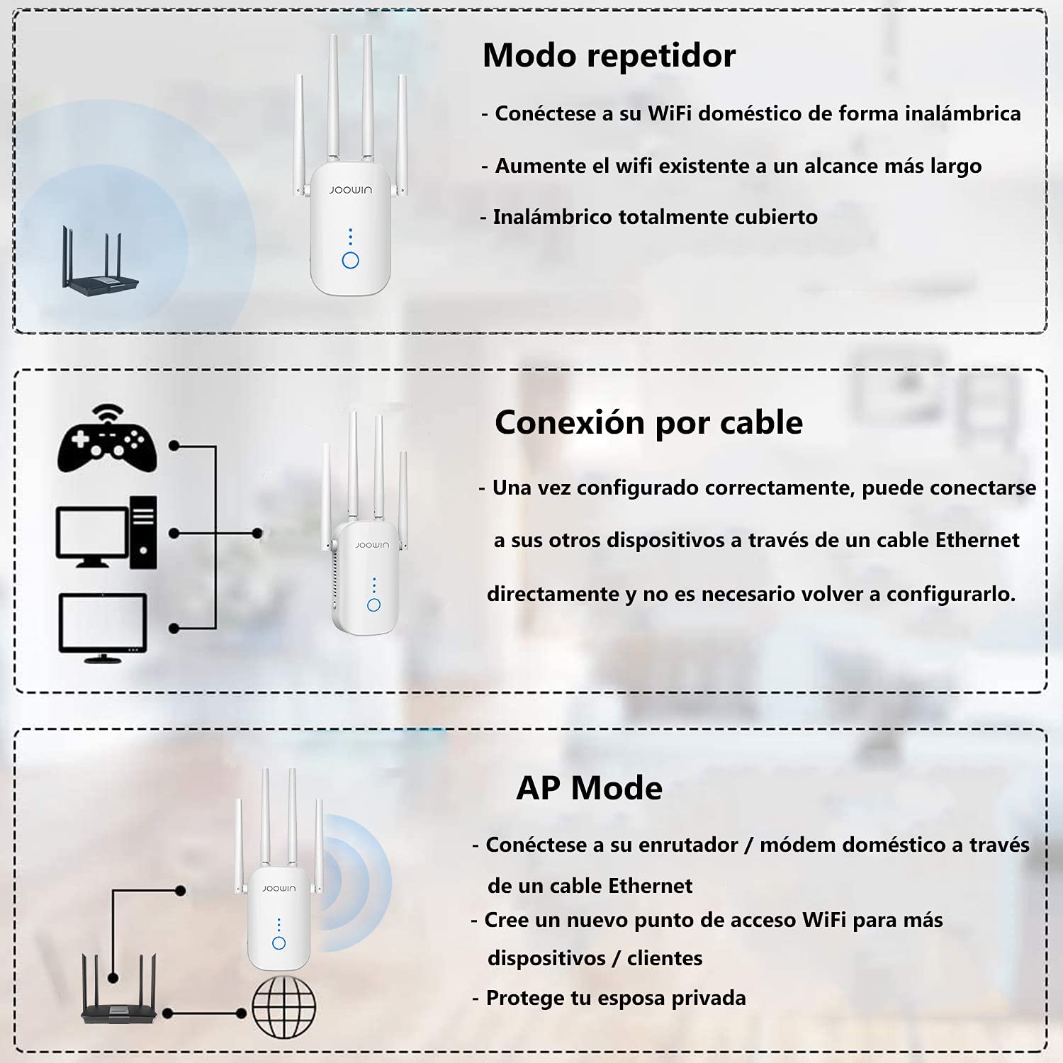 JOOWIN AC1200 Repetidor WiFi 2,4GHz&amp;5GHz Amplificador WiFi WiFi Range Extender WiFi Booster con Ap/Repetidor/Enrutador Modo,WiFi Repeater con 4*3 dBi Antenas y Puerto LAN/WAN