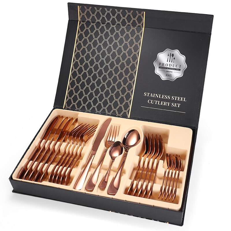 24 stk / sæt rustfrit stål service bestik sæt cutter gaffel ske hjem køkken spisestue  xh8z: Rose