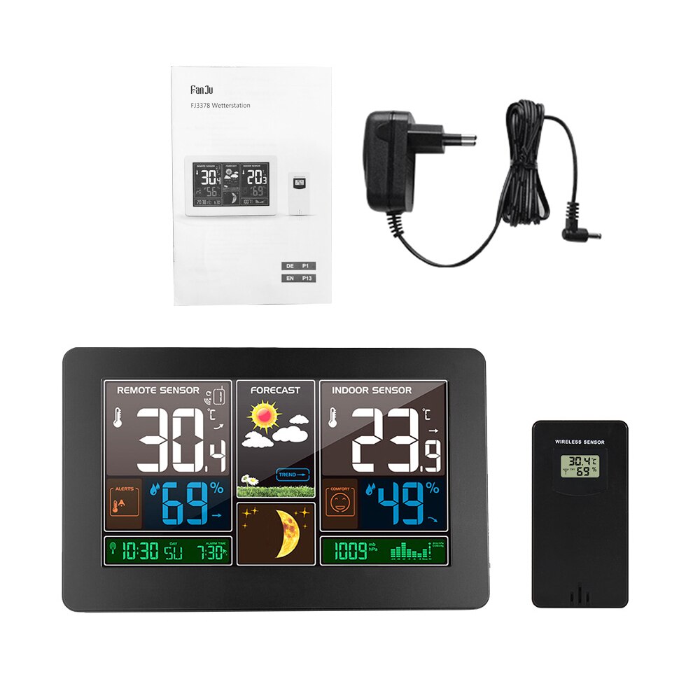 FanJu FJ3378 Digital Alarm Clock Wall Weather Station Indoor Outdoor Temperature Humidity Barometric Forecast Air Pressure Gauge