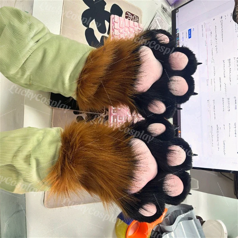 Furry Paws Gloves Fursuit Cosplay Kigurumi Cat Squawk Cartoon Plush Animal Nail Claws Full Finger Mittens Story Tell Original