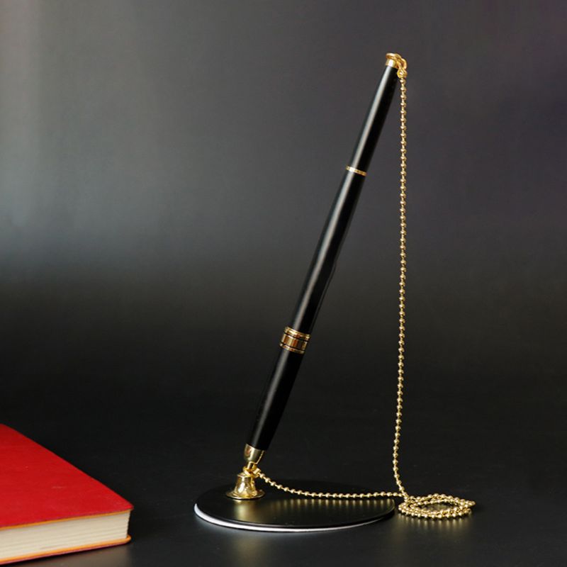 0.5mm Classic Metal Ballpoint Pen Secure Chain Attached Base Stand Desk Office Counter Signature Pens Stationery
