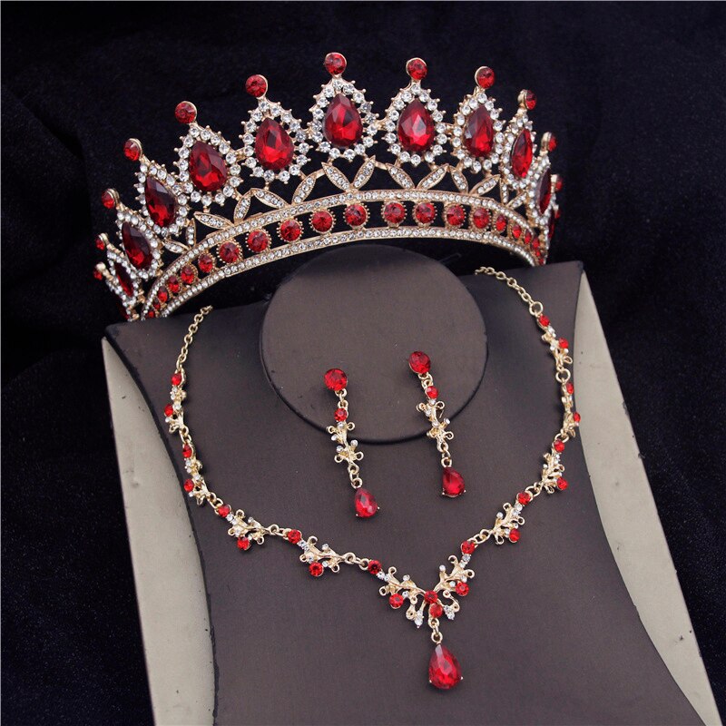 Baroque Crystal Bridal Jewelry Sets for Women Prom Tiara Crowns Earring Necklace Bride Wedding Jewelry Set: Red Sets