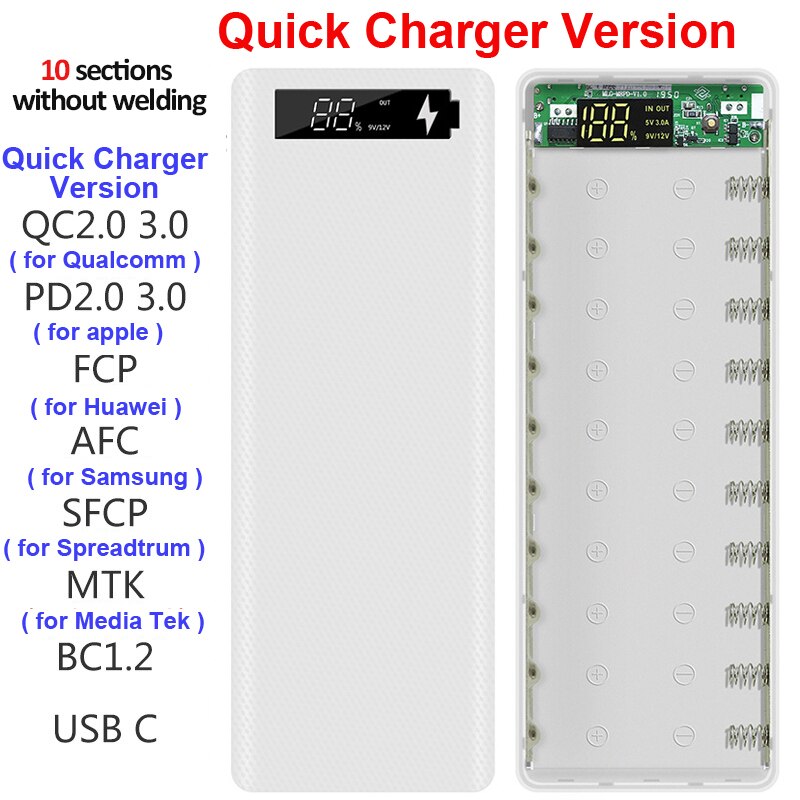 Welding Free 10*18650 Battery Storage Box Dual USB Power Bank Case DIY Shell Case 18650 Battery Holder Box PD QC3.0 Quick Charge: White Quick Charge