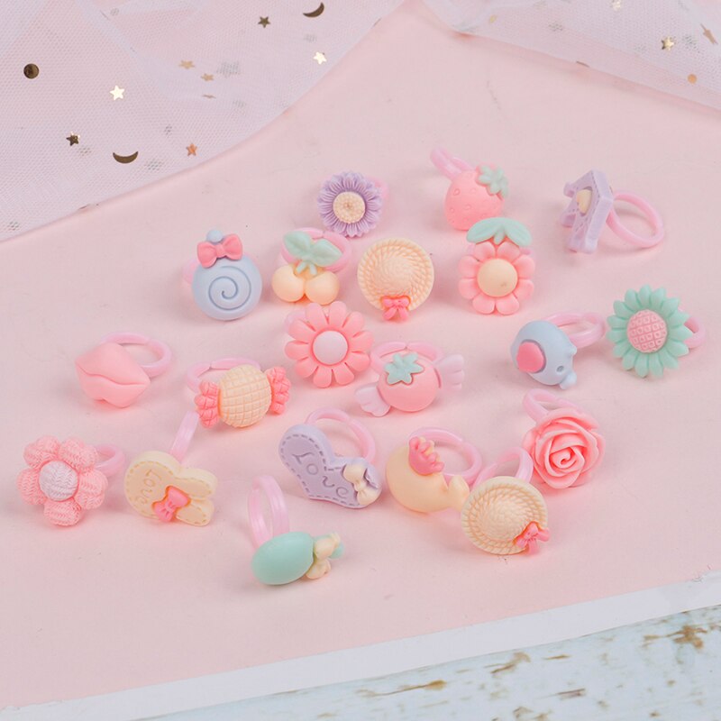 20pcs Random style Cartoon Flower Assorted Resin Plastic Pink Baby Kids Girl Children's Rings Children's cartoon frosted ring