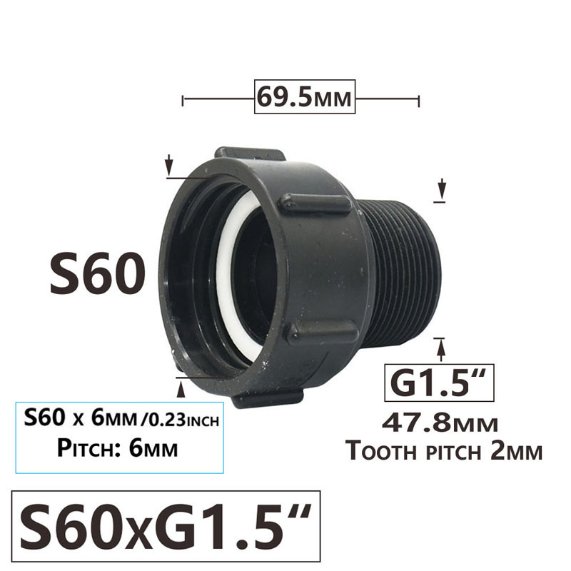 IBC Tank Adapter S60 x 1/2" 3/4' 1" 1.5 2" 63/75/80/100mm Thread Connector Ton Barrel Connect 1000 Liter IBC Tank Fitting: Yellow