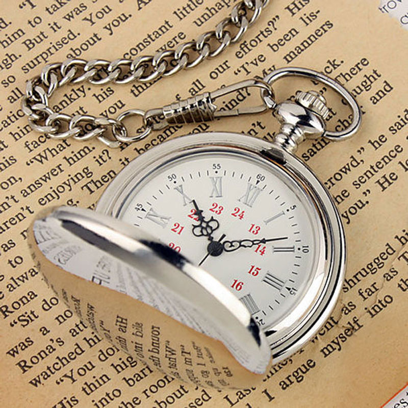 Silver Smooth Case Roman Number Dial Quartz Fob Pocket Watch with Necklace Chain for Men Women Reloj de bolsillo
