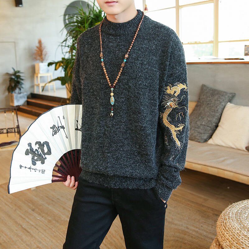 MrGoldenBowl automne hommes chandails Dragon chinois imprimé tricoté pulls grande taille homme pull ample hauts: Black / 5XL