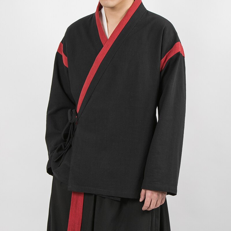 Hommes japon Kimono jupe droite pantalon Oversize taille élastique coton lin décontracté pantalon à jambes larges homme rue lâche Harem pantalon: black shirt / M