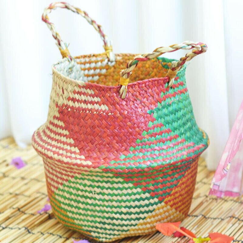 Cesta de paja para plantas de almacenamiento, cesta decorativa multicolor para flores de jardín