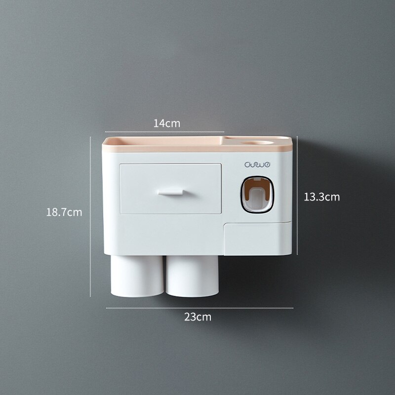 Toothbrush Holder Wall Mount Magnetic Adsorption Inverted Toothpaste Dispenser Makeup Storage Rack For Bathroom Accessories Set: Pink 2 Cups