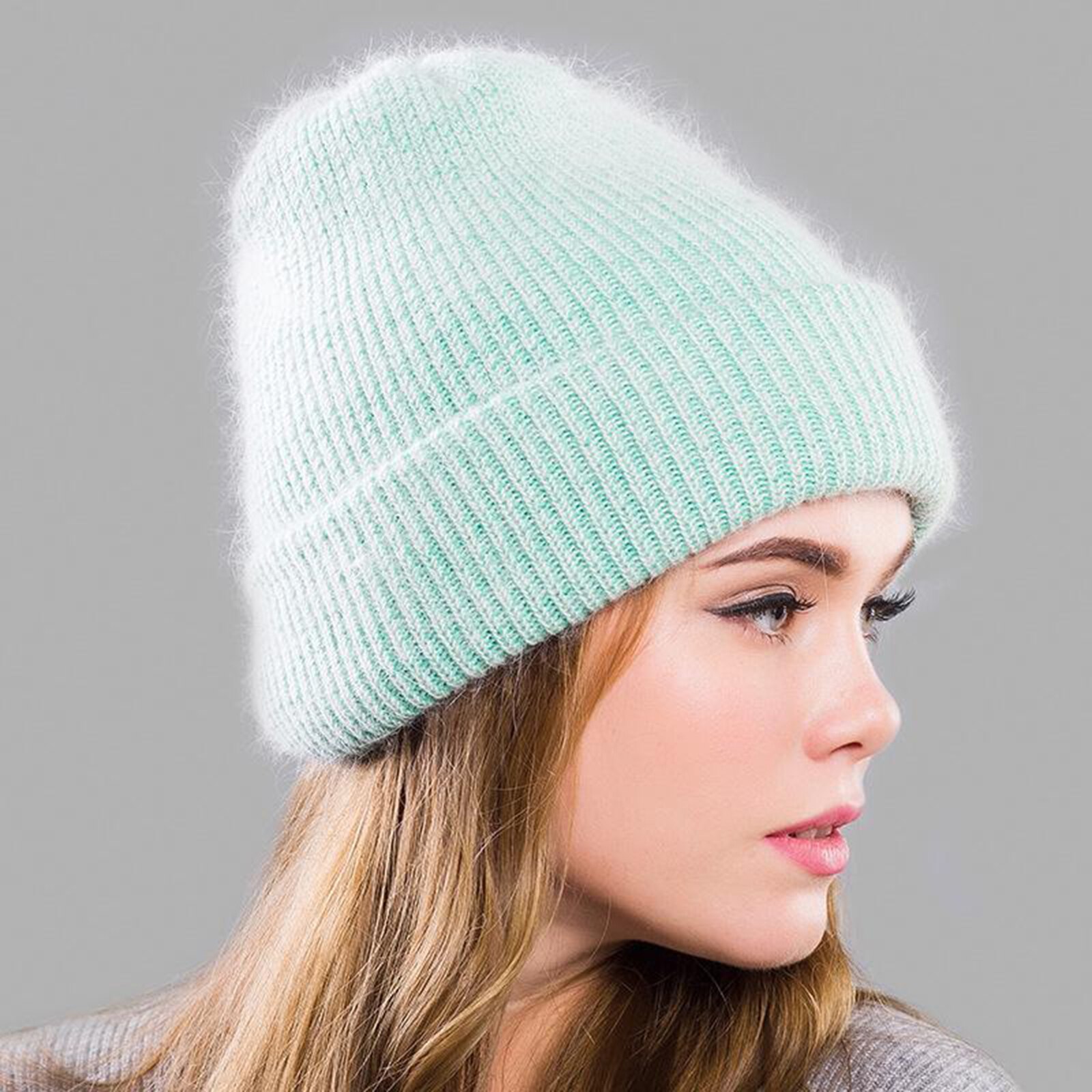 Winter Hats Knitted Beanie Hat Cashmere Autumn Bonnet Unisex Cuffs Beanie: Green