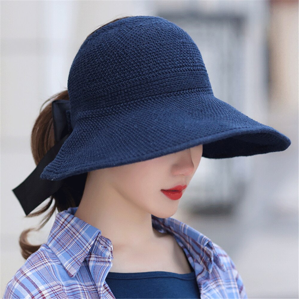 tSun hat foldable straw hat empty top sun hat female summer all-match hat sun hat to cover face outing: Navy