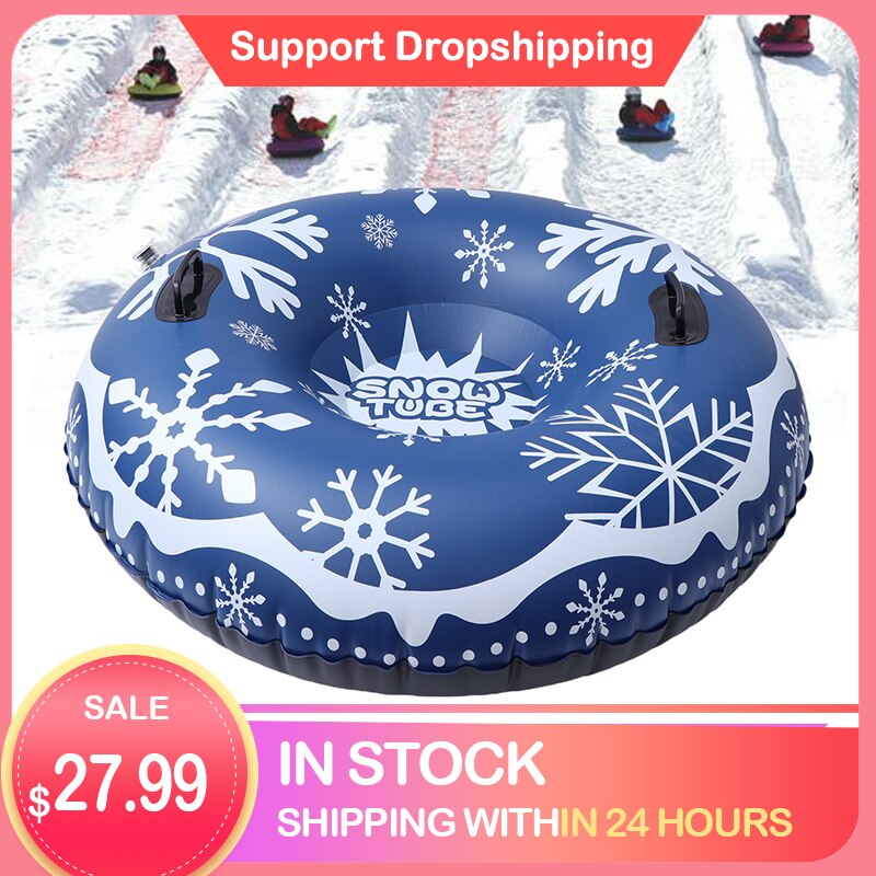 47 Inches Blue Inflatable Snow Tube PVC Snowflake Printing Snow Sled Heavy Duty Circle for Skiing Skating and Snow Games