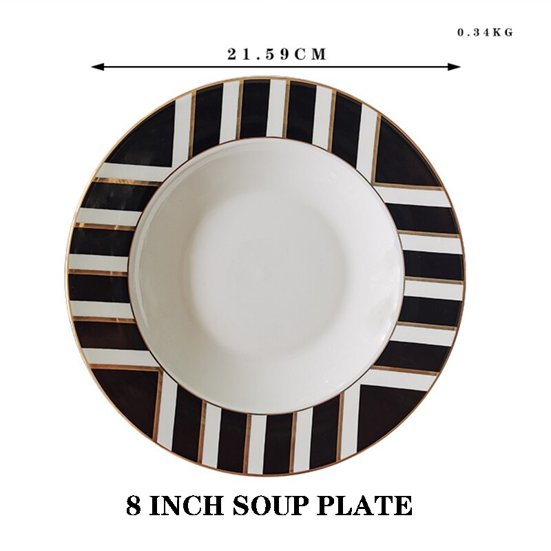 Bone China Plaat Ronde Plaat Voedsel Lade Diner Set Grensoverschrijdende Patroon Restaurant Grid Plaat Goud Voedsel Schotel Assiette porselein: 8 inch soup plate