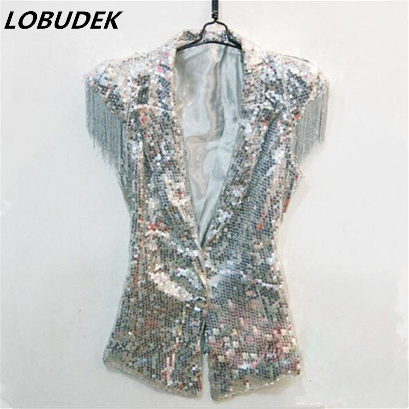Weiblich männlich silber Gold pailletten weste jacke sänger leistung Ds blei tänzerin kleidung quaste Jazz tänzerin kostüm oben