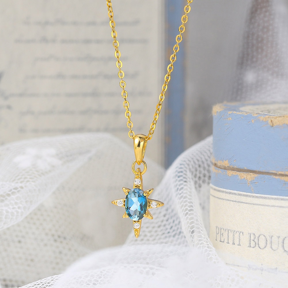 LAMOON collana con ciondolo a stella per donna 925 argento naturale topazio blu 14K placcato oro collana di gioielli raffinati coreano LMNI114: Navy Blu