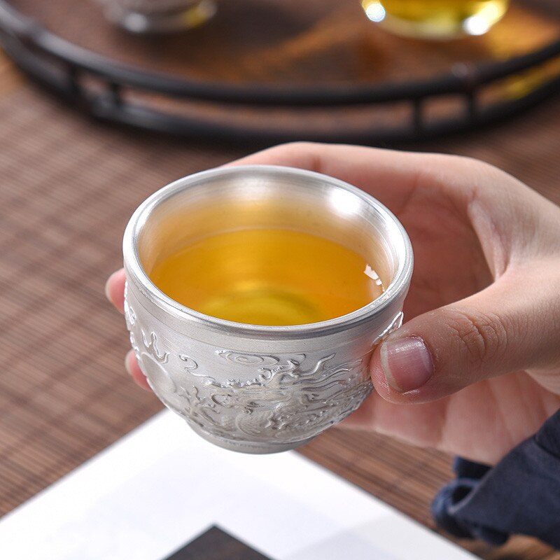 999 Gilt Silver Embossed Dragon and Phoenix Teacup... – Grandado