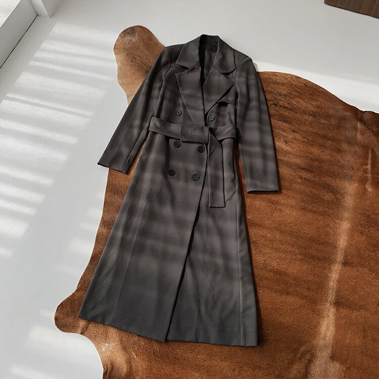 Women Trench Autumn and Winter Mid-length Gray Belted Trench Coat