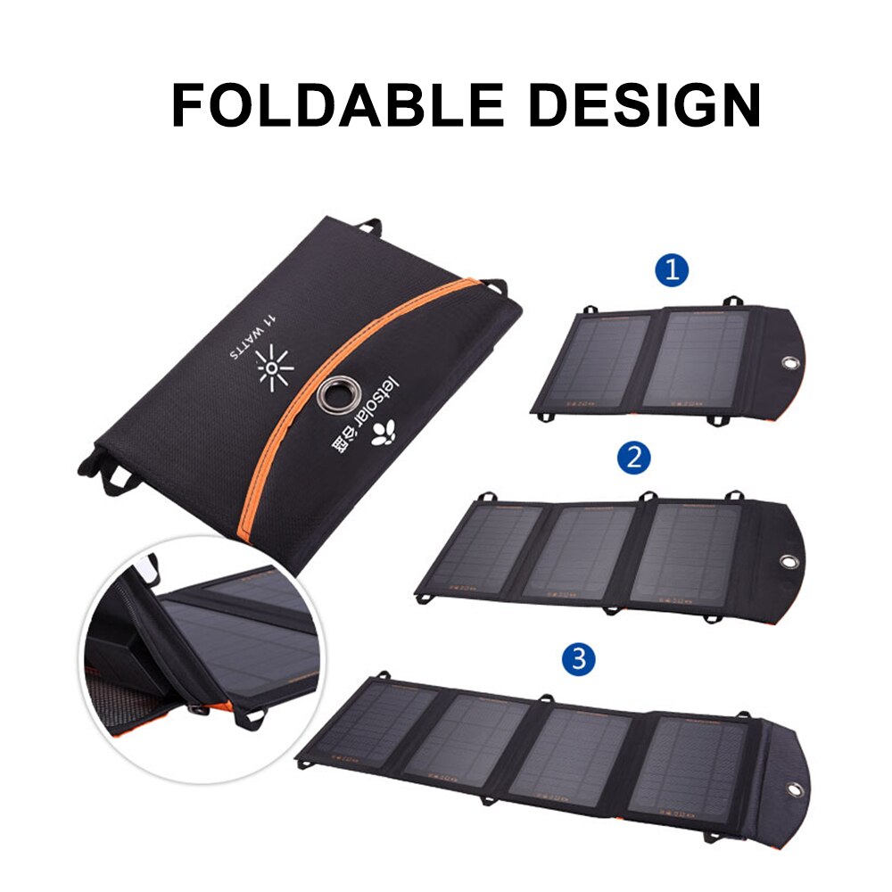 Portable Solar Charger 11W Folding Solar Panel Power Bank for Travel & Outdoors Compatible with Tablets Phones Camera