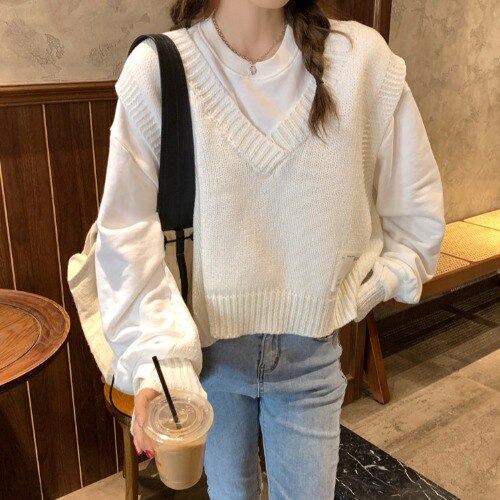 Suéter con cuello en V para mujer, Blanco Simple escolar que combina con todo, ropa de diario holgada Harajuku de estilo japonés para chicas: One piece white vest