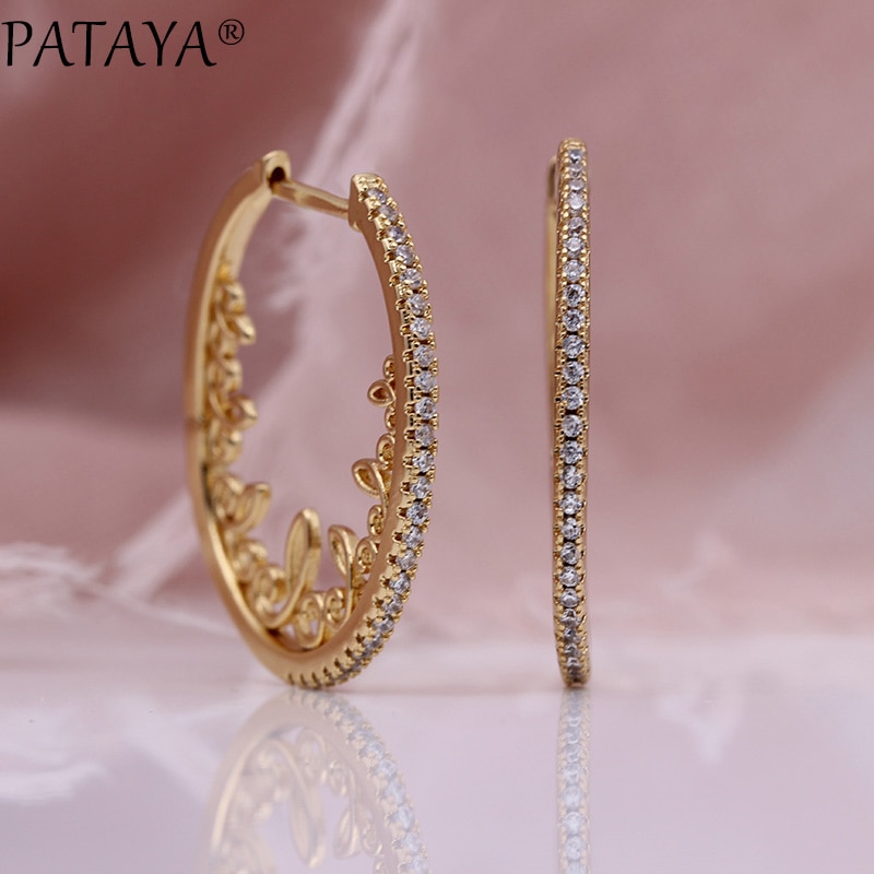 PATAYA Neue Hohle Spitze Kreis Tropfen Ohrringe Frauen Partei Feine Schmuck 585 Rose Gold Weiß Natürliche Zirkon Hochzeit Ohrringe
