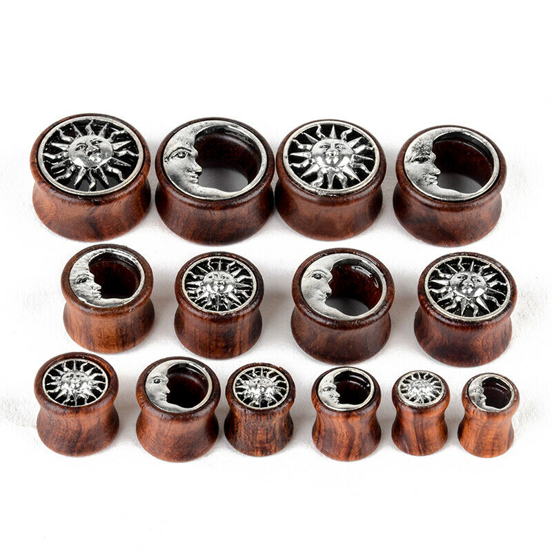 Tapones para los oídos de madera para hombre y mujer, aretes con medidores de luna y sol, expansor de túnel para carne, joyería para Piercing corporal, 2 uds.