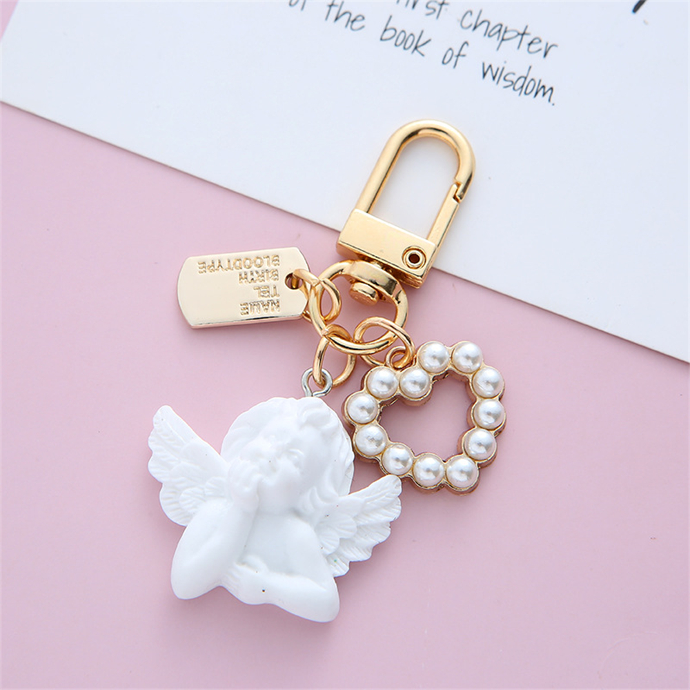 LLavero de Ángel Blanco Vintage para mujer y niña, Mini llavero con forma de corazón de perla, soporte para llavero de coche, joyería con dijes para bolso