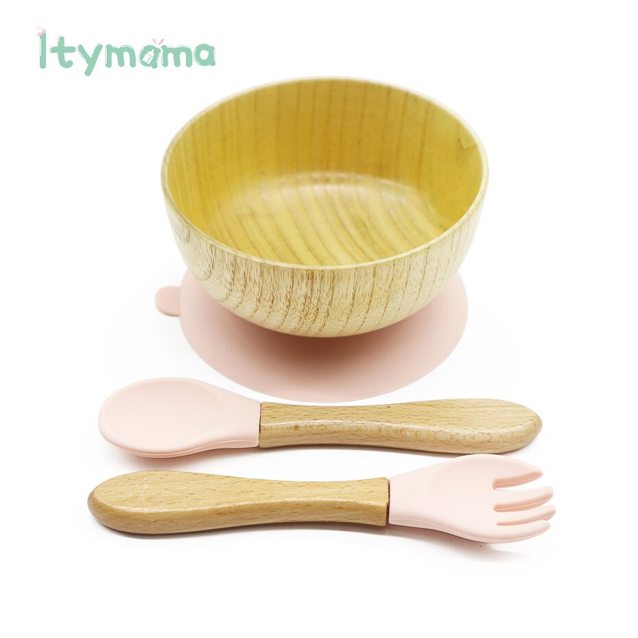 Baby Feeding Bowl Spoon Fork Food Tableware Kids Wooden Training Plate Silicone Suction Cup Removable Children's Dishes Goods: Peach set