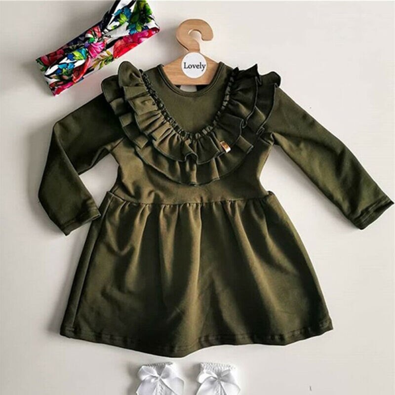 1-6T Toddler Kid Baby Girl Dress Solid Ruffle Collar Long Seeve Dress Outfit Sundress With headband