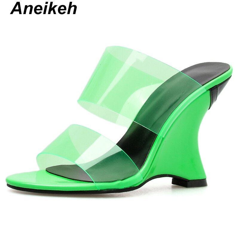 Aneikeh sommar fritid pvc tofflor genomskinliga kilar damskor högklackat tofflor slip on slides rosa grön 35-42