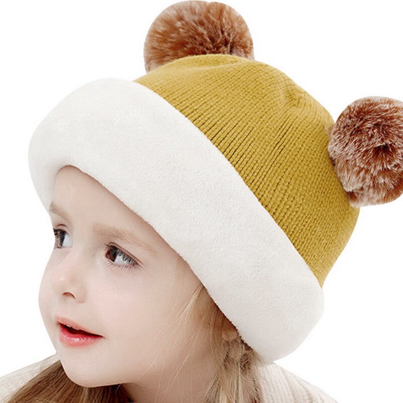 Autumn Winter Children Hats Pom Pom Ball Hat Kids Beanies Cap Girls Boys Warm Wool Hooded Hat Baby Scarves Toddler Caps: yellow