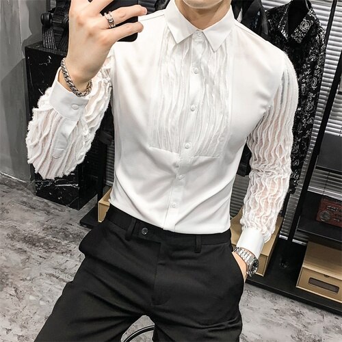 Blonder hule skjorter for menn lange ermer slim fit streetwear sosial fest bluse nattklubb sanger dj klær camisas para hombre: Hvit / Asiatisk størrelse m