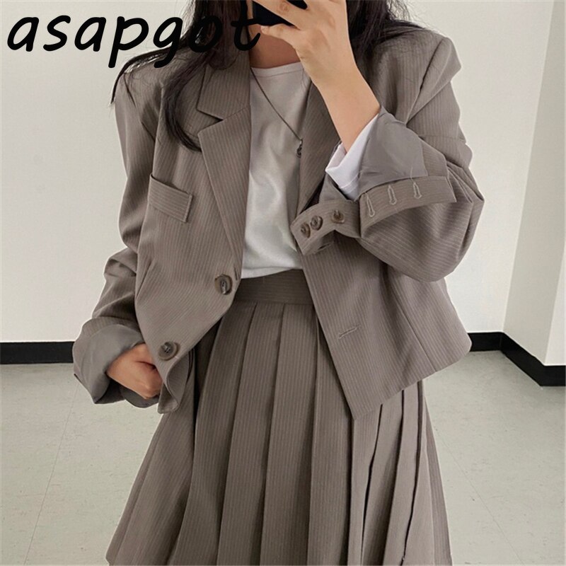 Blazer negro y trajes de falda para mujer, traje de manga larga con solapa a rayas, chaqueta, Falda plisada a la , conjunto de 2 piezas