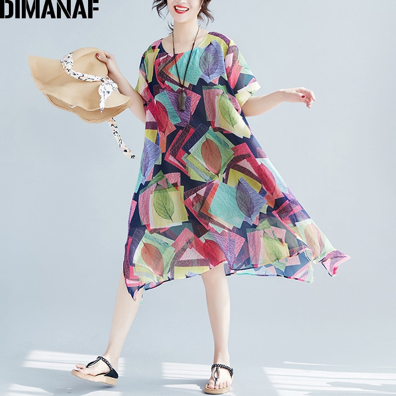 DIMANAF Women Dress Summer Plus Big Size Chiffon Hawaiian Lady Vestidos Print Panelled Female Casual Beach Sundress