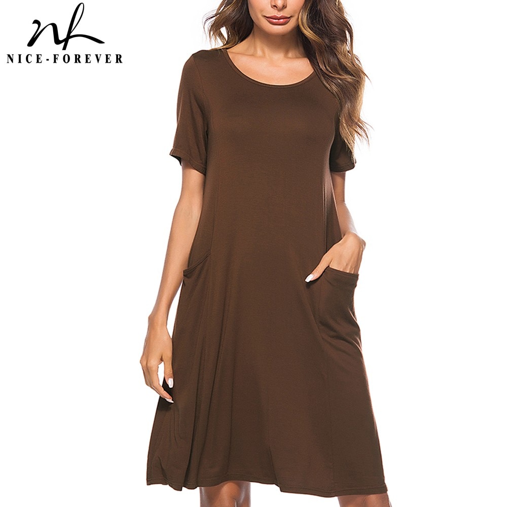Nice-forever Summer Pure Color with Pocket Dresses Casual Straight Loose Shift Women Dress T027
