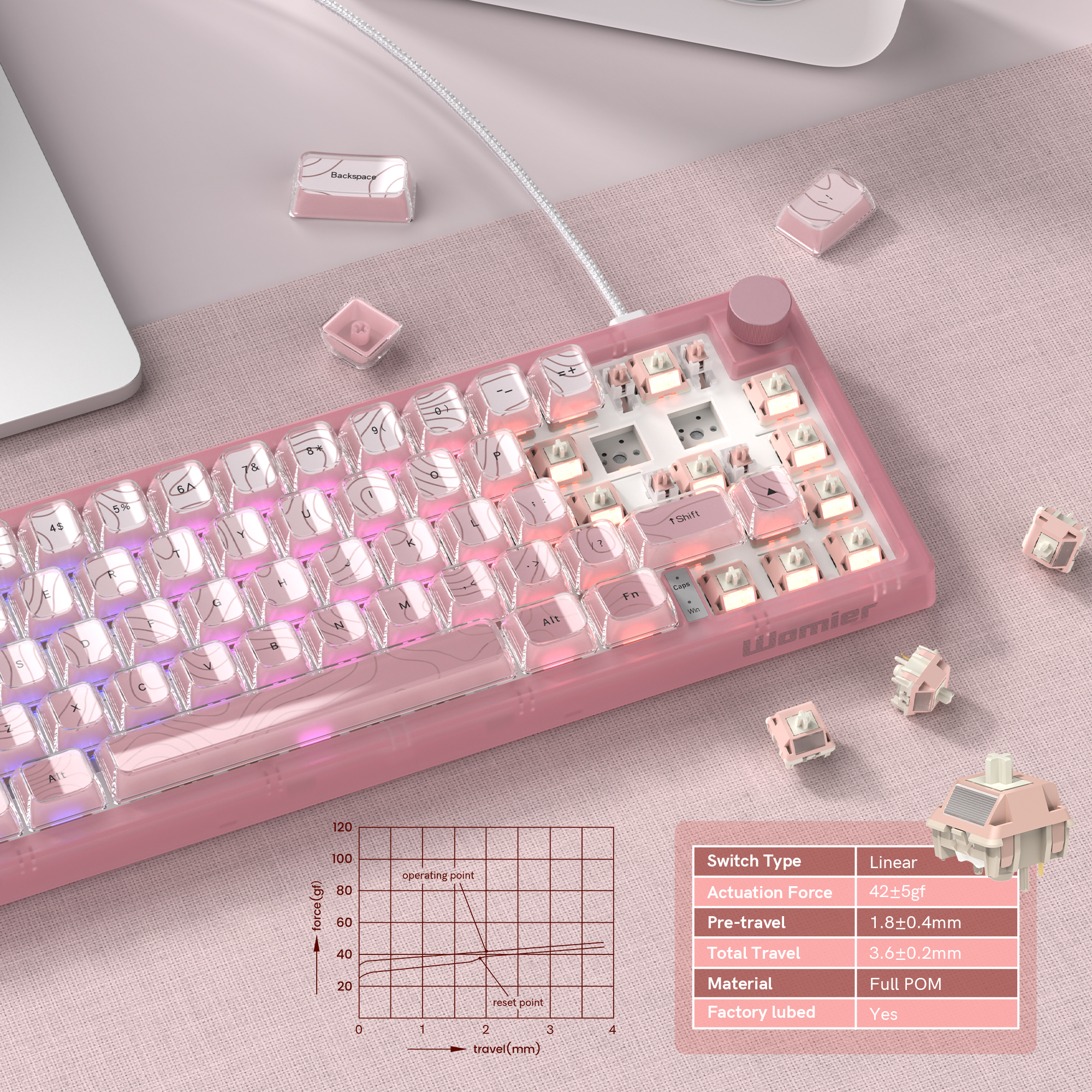Womier V-K66 PRO Keyboard Pink QMK Mechanical Gaming Keyboard Knob Strap Gasket Mounted Wired LED Backlit -Swap Keyboard