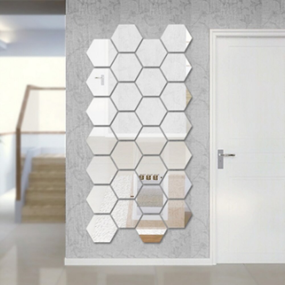 1PC DIY 3D Mirror Wall Sticker Hexagon Stereoscopic Decorative Mirror Wall Stickers Living Room Decor Art Wall Decoration: Silver